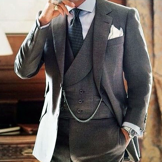 Grey three-piece suit with double-breasted waistcoat