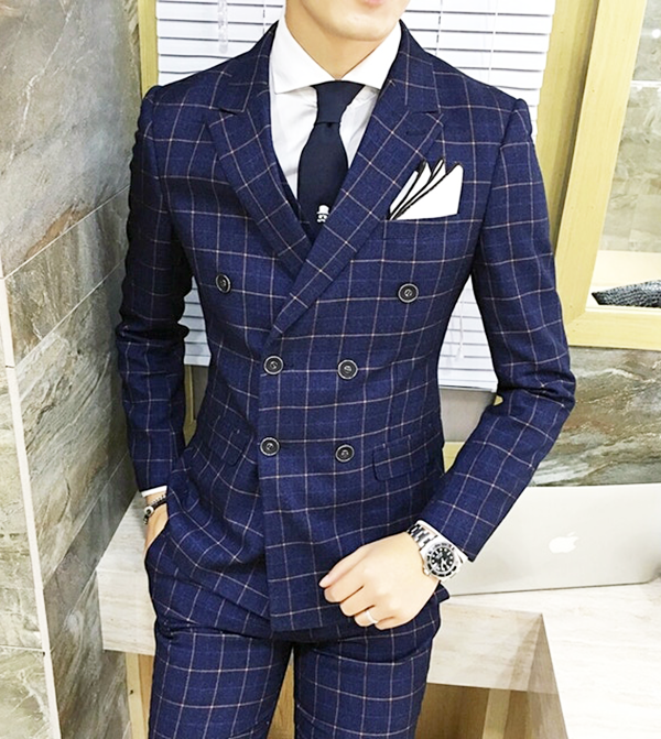 Navy Blue Double Breasted Checkered Suit | stickhealthcare.co.uk